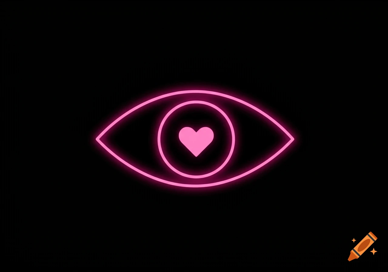 A neon pink outline of an eye with a heart in the center against a black background.