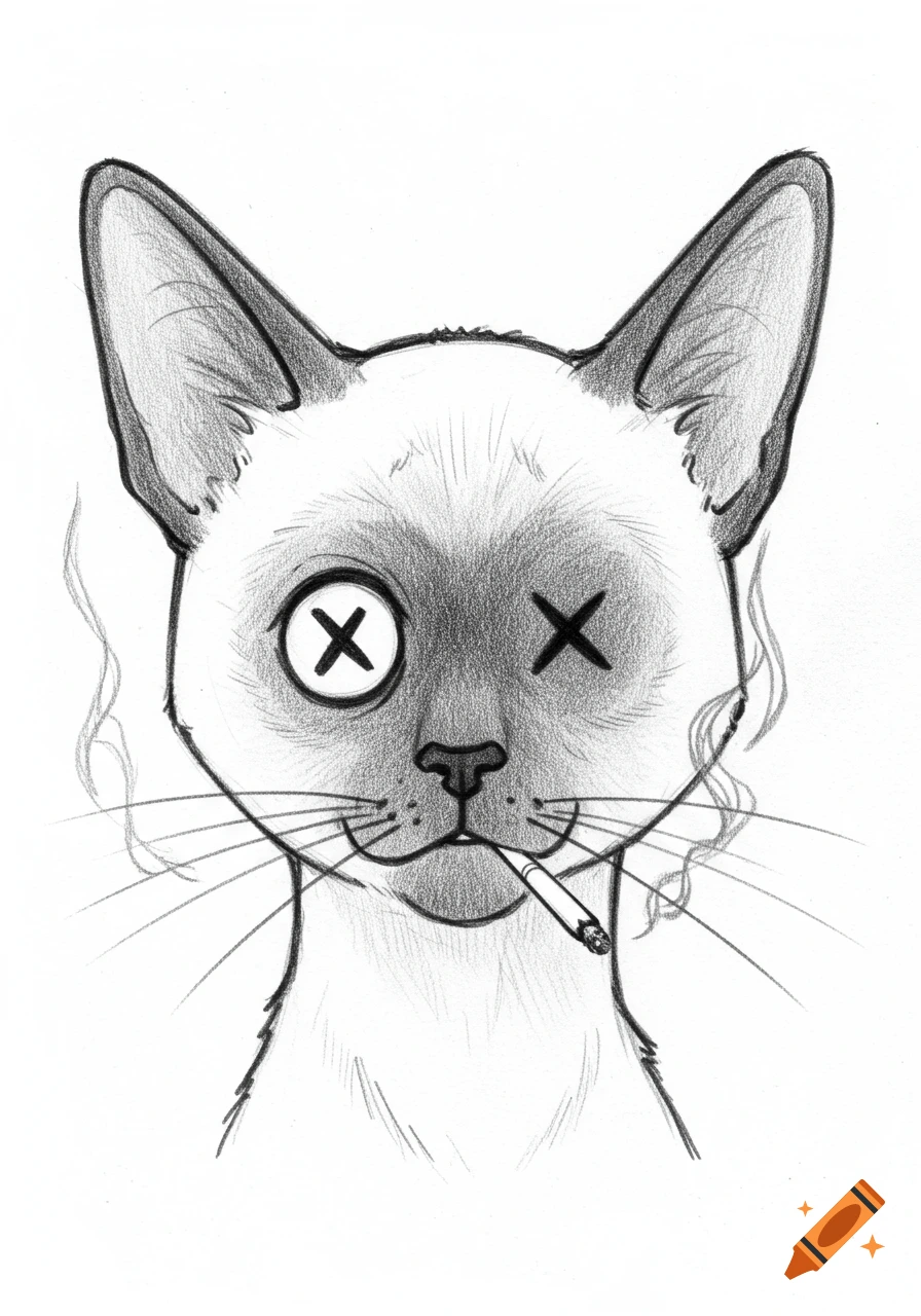A black and white pencil sketch drawing of a Siamese cat's head with X's for eyes and a cigarette in its mouth, smoke curling upwards.