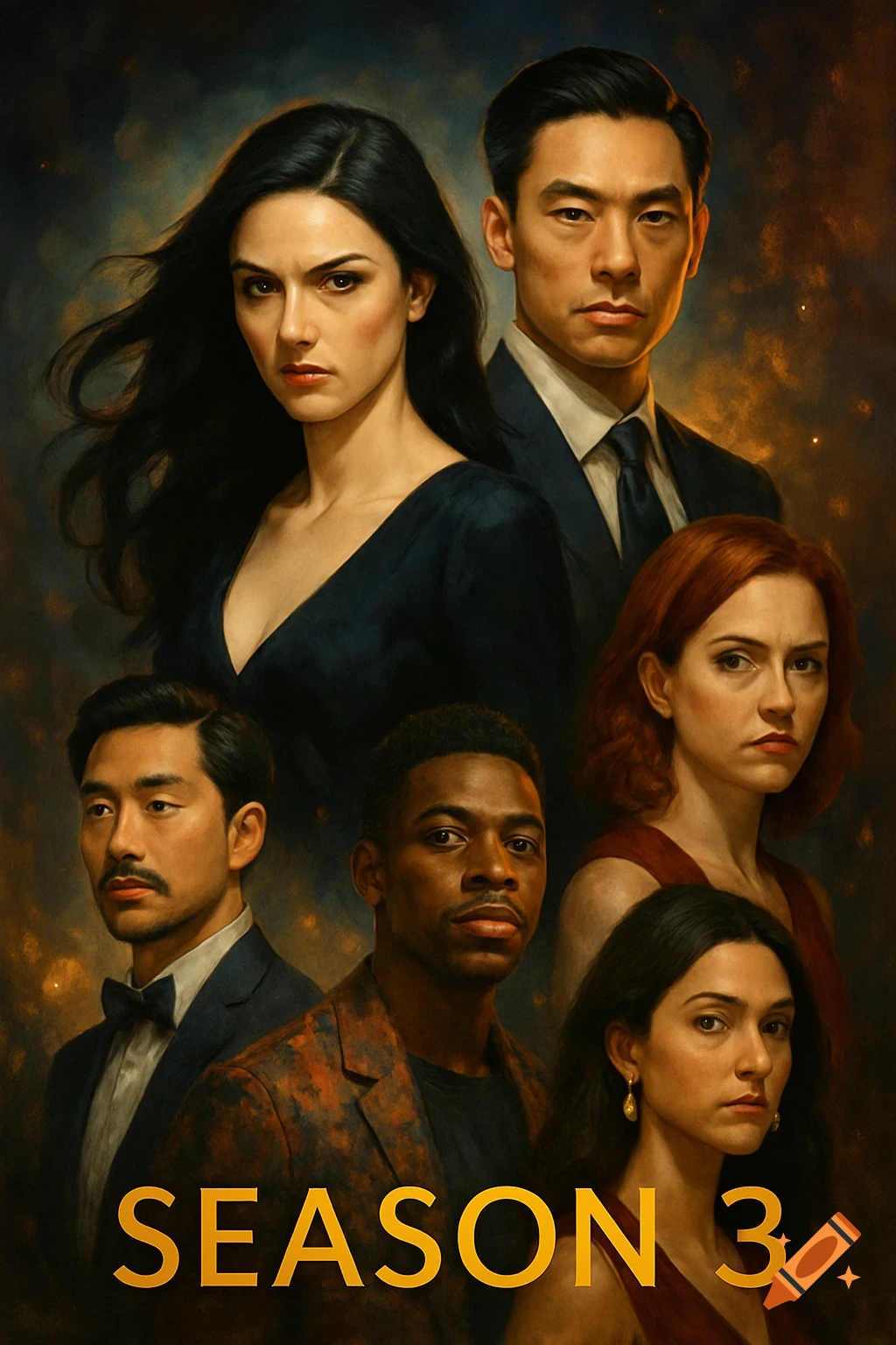 A dramatic movie poster featuring six diverse characters in a dark, painterly style. Gold text reads "SEASON 3" at the bottom.