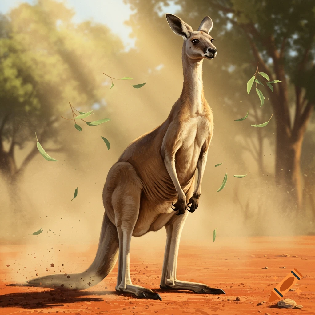 A photorealistic illustration of a kangaroo standing in a dusty, sunlit Australian landscape with leaves falling around it.