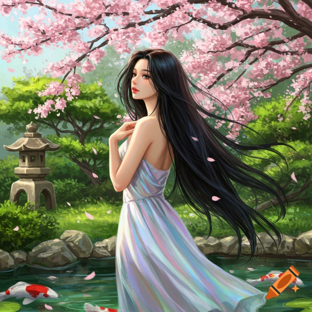 A beautiful woman with long black hair stands in a vibrant cherry blossom garden with a koi pond.