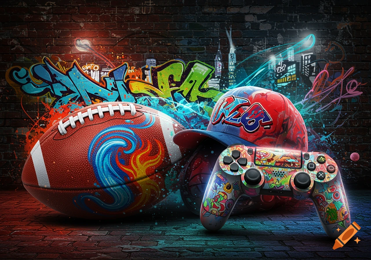 Graffiti style football, baseball cap with text, and game controller against a brick wall with neon lights.