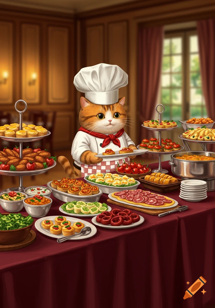 A cute, chubby orange chef cat in a white hat and apron holds a plate of pastries at a lavish buffet table in an illustrated dining room.
