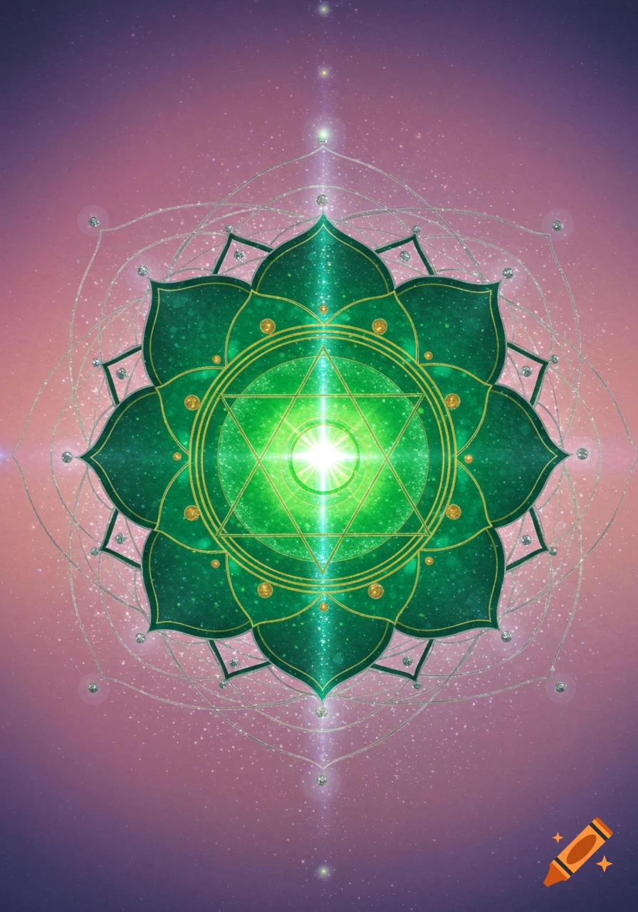 A vibrant green Anahata chakra symbol glowing with light, surrounded by intricate silver lines and sparkling dust against a pink and purple cosmic background.