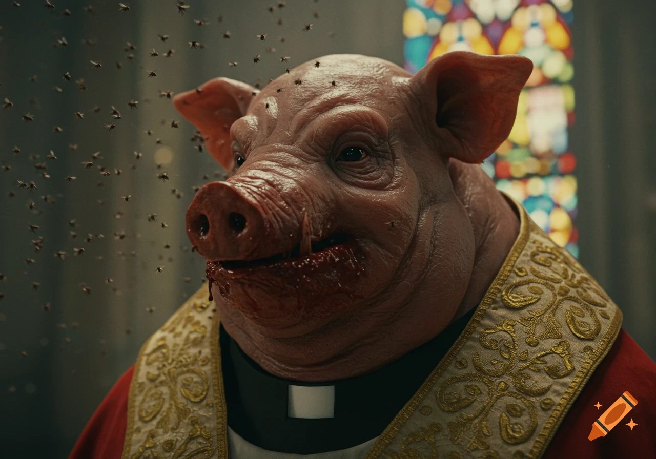 Close-up of a grotesque pig-headed creature in a priest's robe with blood around its snout and flies buzzing.