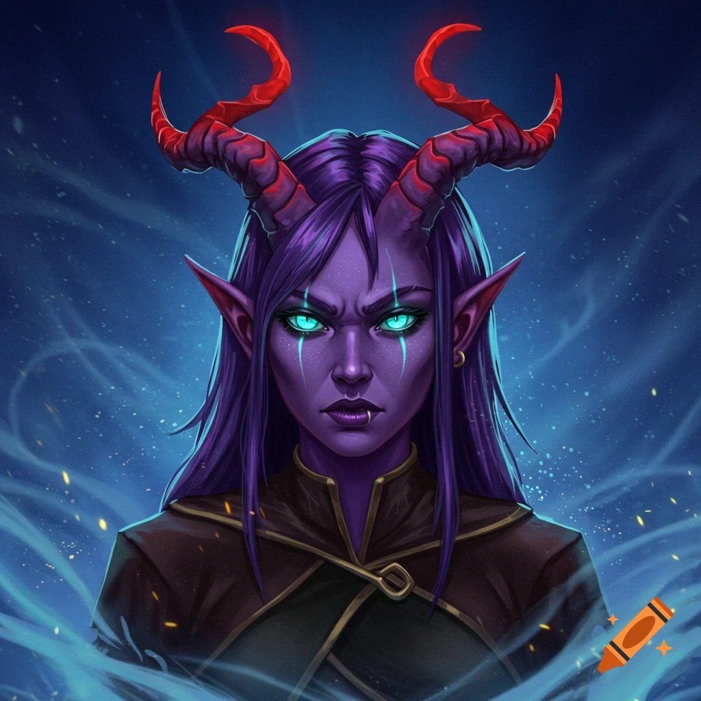 A purple-skinned female tiefling with glowing teal eyes, red horns, and an annoyed expression against a swirling blue background.