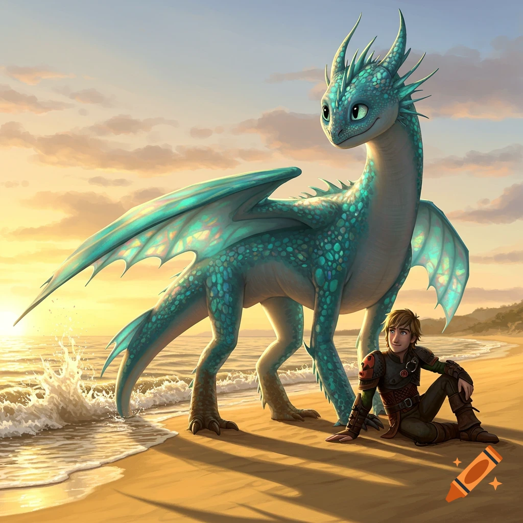 A large teal dragon stands next to a young man sitting on a sunny beach with waves crashing, under a colorful sky.