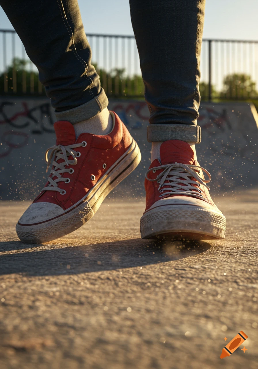 A low-angle, close-up of feet in worn red sneakers and rolled-up jeans on concrete in a sunlit skate park.