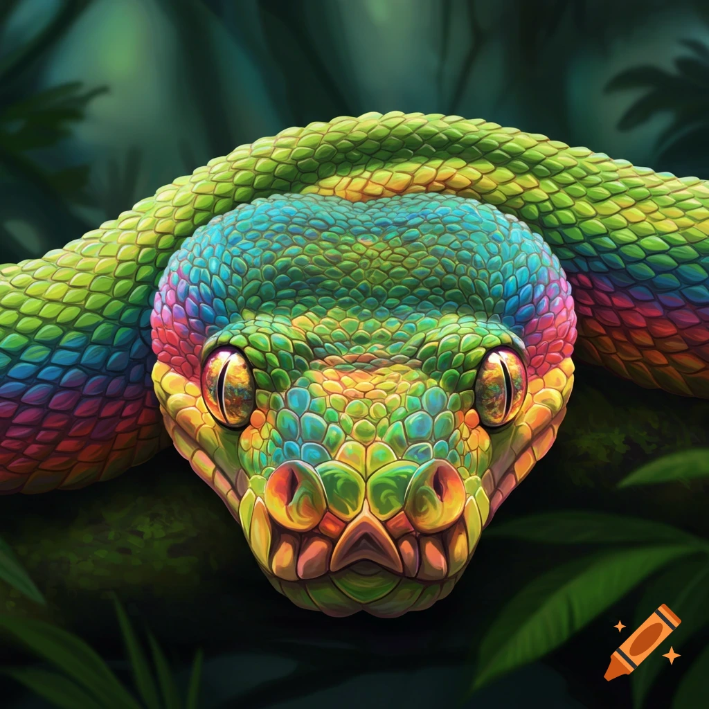 Close-up front view of a vibrant rainbow-colored snake with detailed scales.