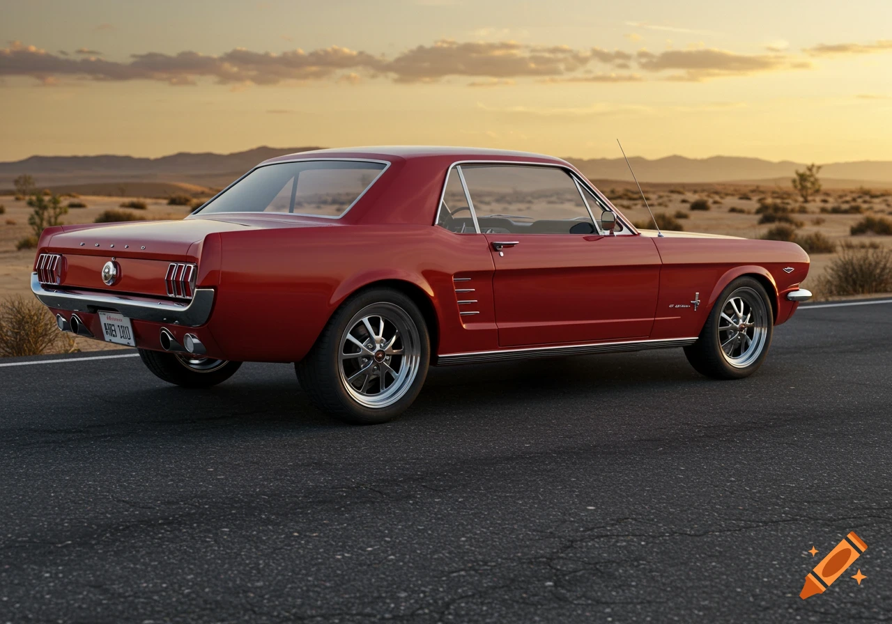 Red 1966 Ford Mustang driving on a desert road at sunset.