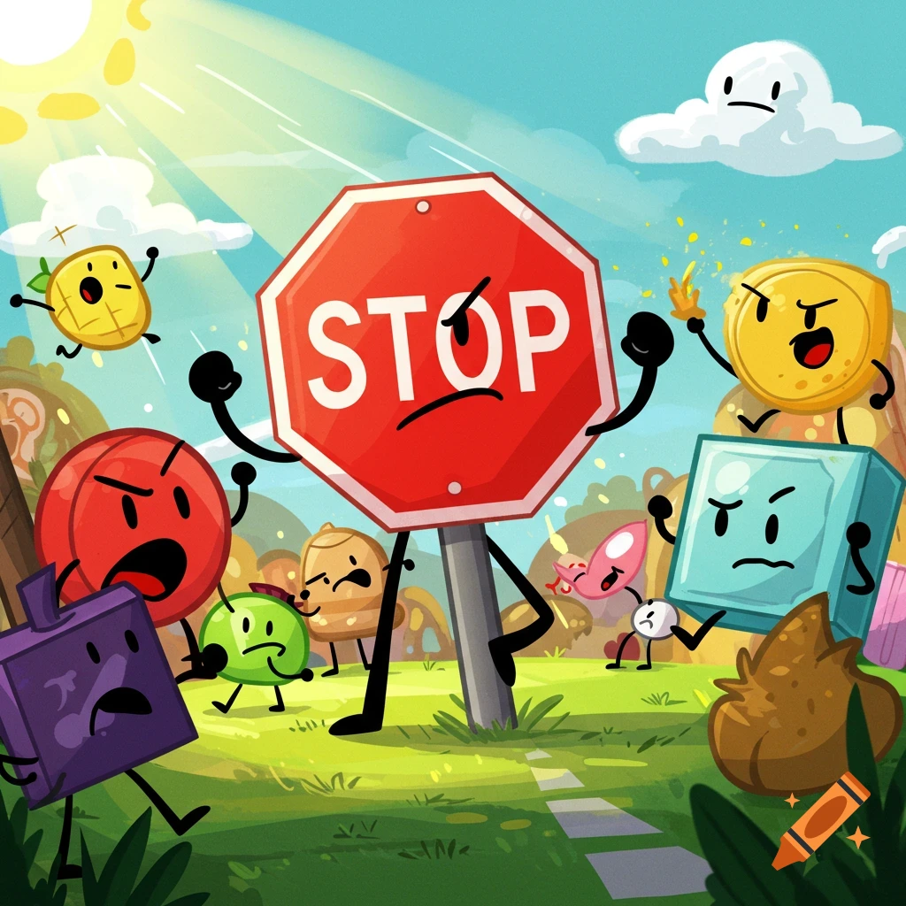 A group of angry, anthropomorphic cartoon objects and a stop sign protest in a sunny, grassy field.