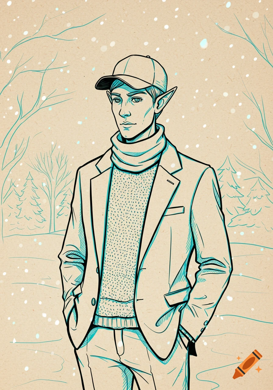 A black and cyan line drawing of an elf in a sportscoat and cap, standing in a snowy winter scene on parchment.