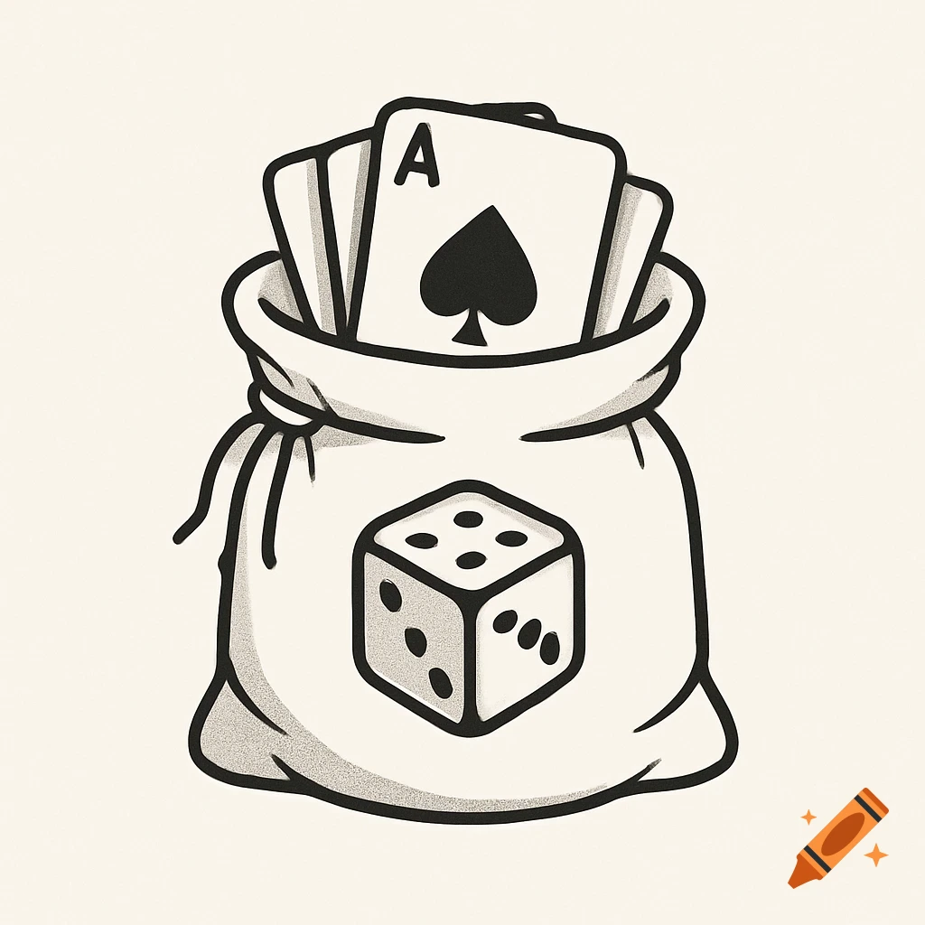 Line art logo of a sack filled with playing cards, featuring an ace of spades, and a single die on the front of the bag.