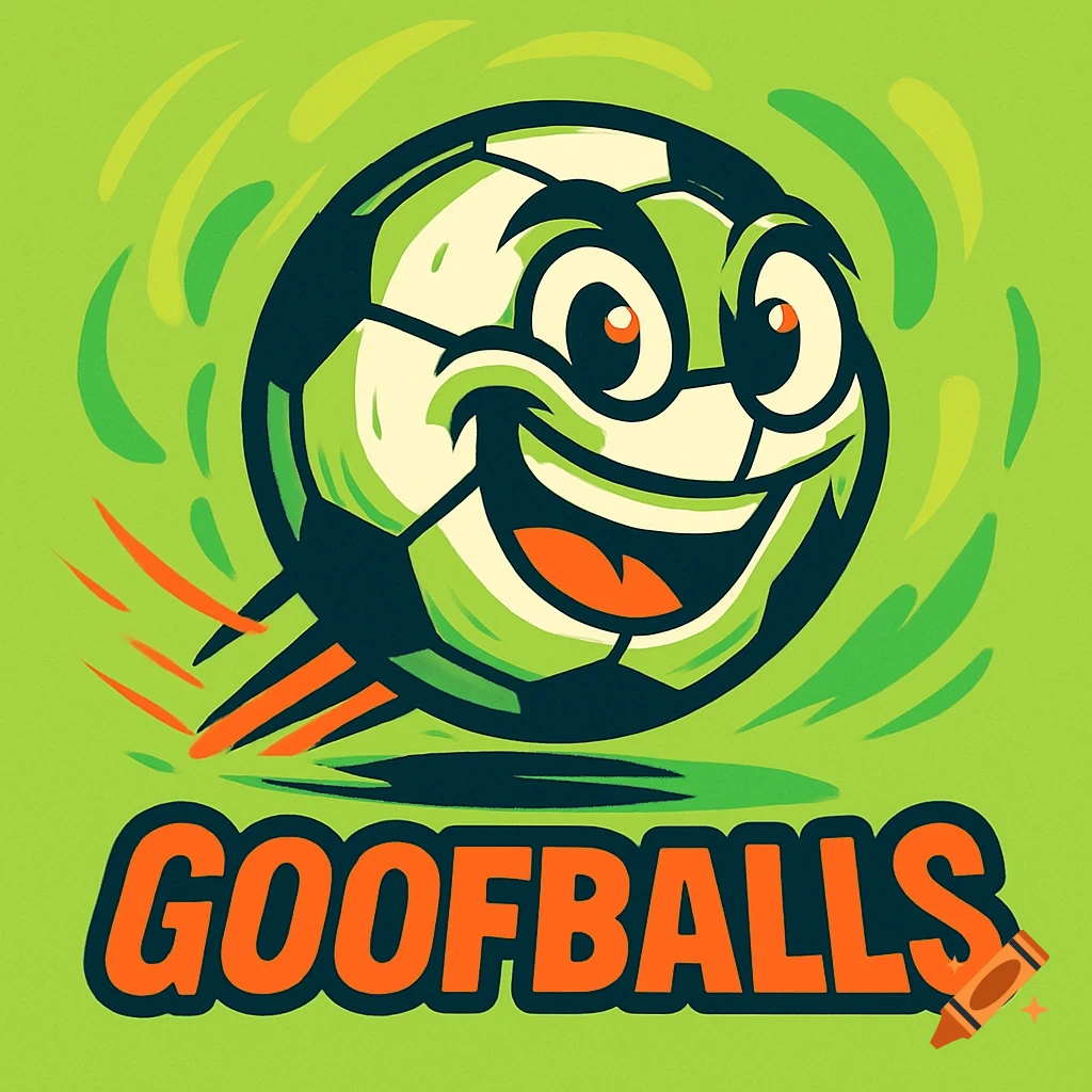 A cartoon soccer ball mascot with a big smile and glasses, bursting forward with motion lines, with the word 'GOOFBALLS' below it, on a green background.