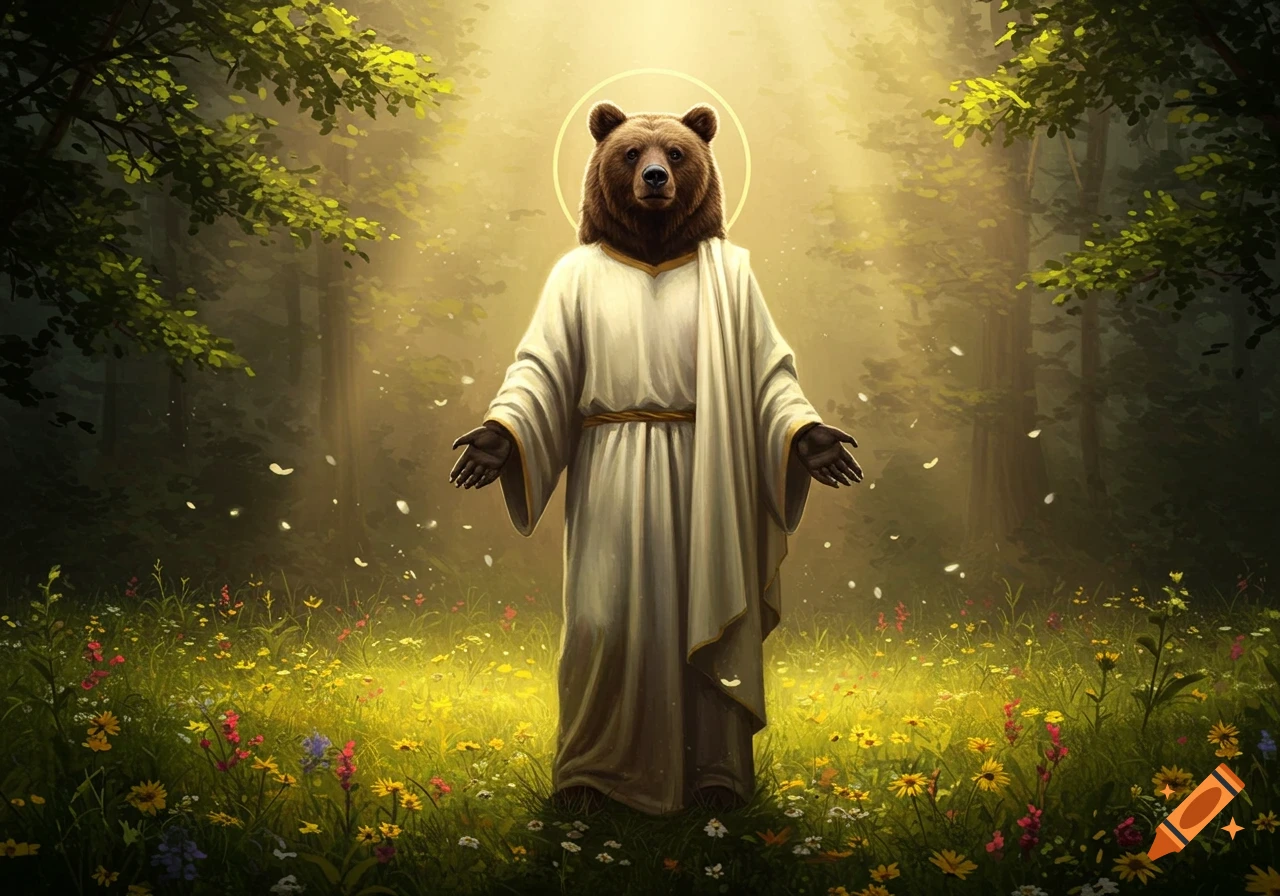 A brown bear with a halo and white robe stands in a sunlit forest clearing with wildflowers, arms outstretched, in a fantasy art style.