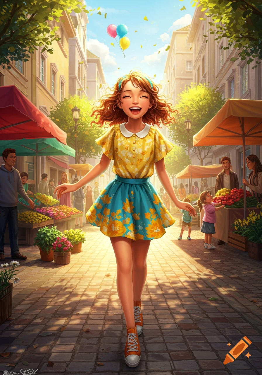 A smiling young woman with red hair in a yellow top and blue skirt walks cheerfully through a vibrant, sunny marketplace, balloons float above her.