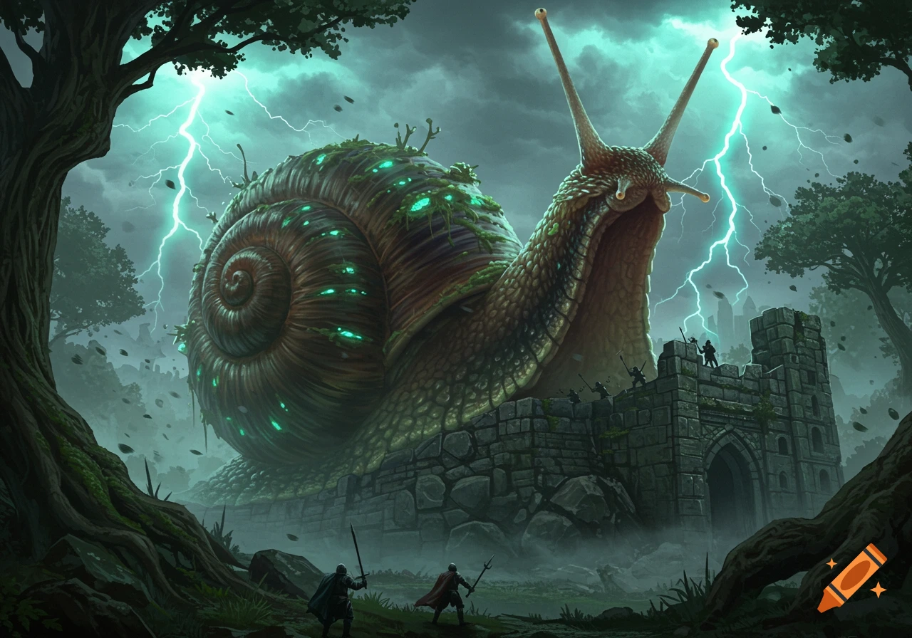 A giant bioluminescent snail attacks a stone fortress. Lightning strikes a stormy sky as tiny knights battle the snail.