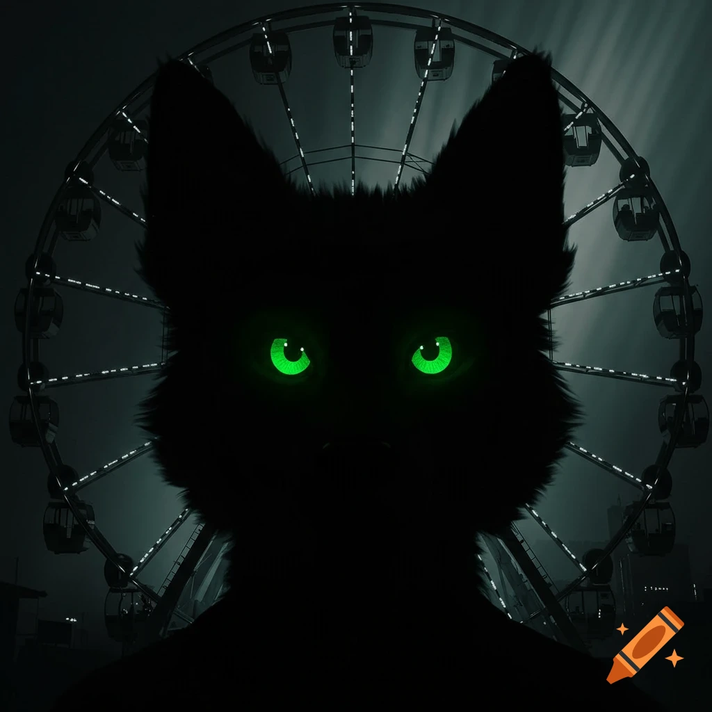 A dark silhouette of a canine furry's head with bright green glowing eyes, set against a glowing Ferris wheel at night.