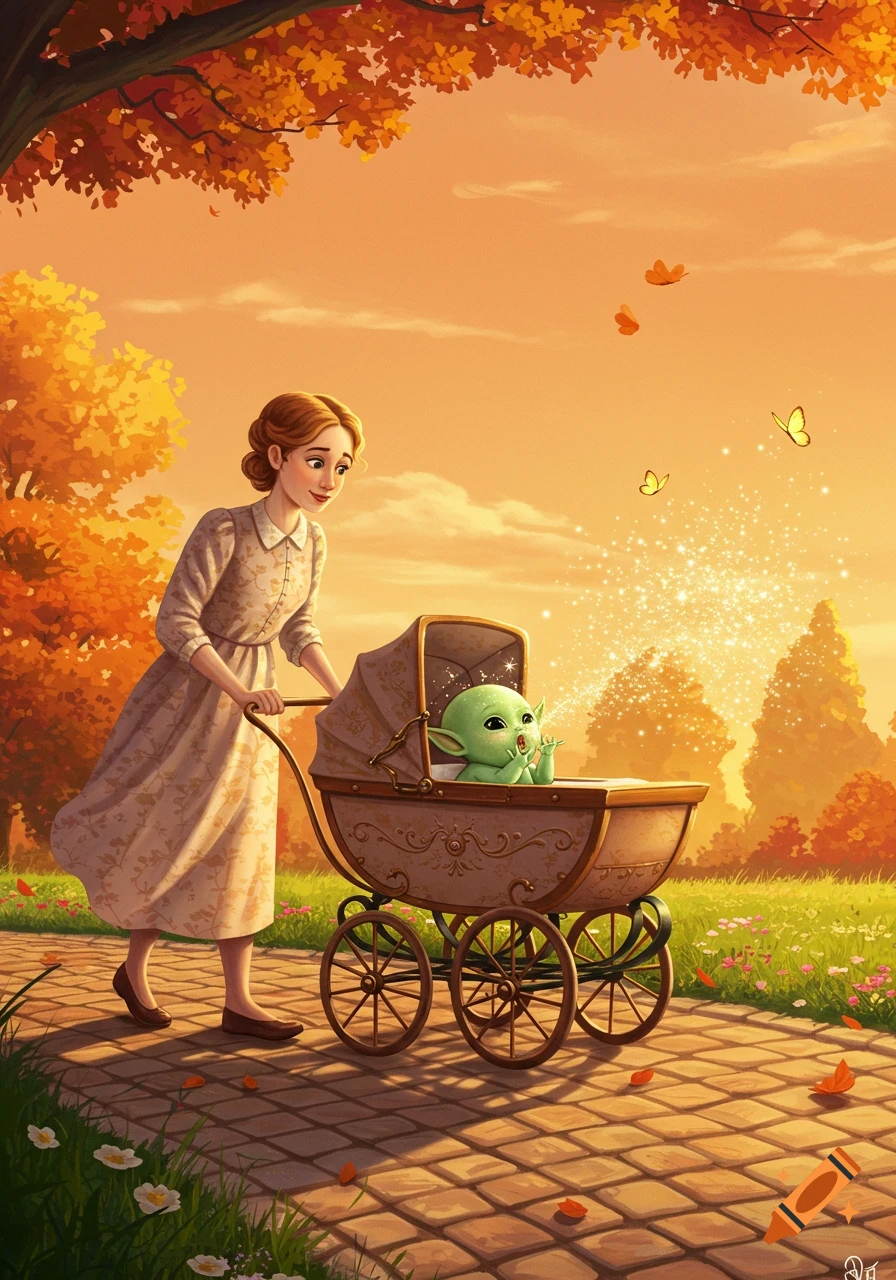 An illustrated scene of a woman pushing a pram with a baby alien emitting magic sparkles in an autumn park.