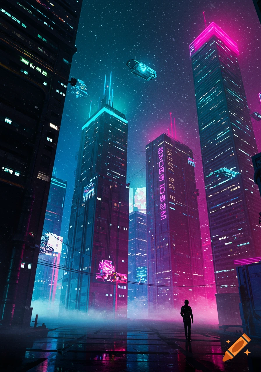 A lone figure walks through a neon-lit cyberpunk city at night with towering skyscrapers and flying vehicles reflecting on wet ground.