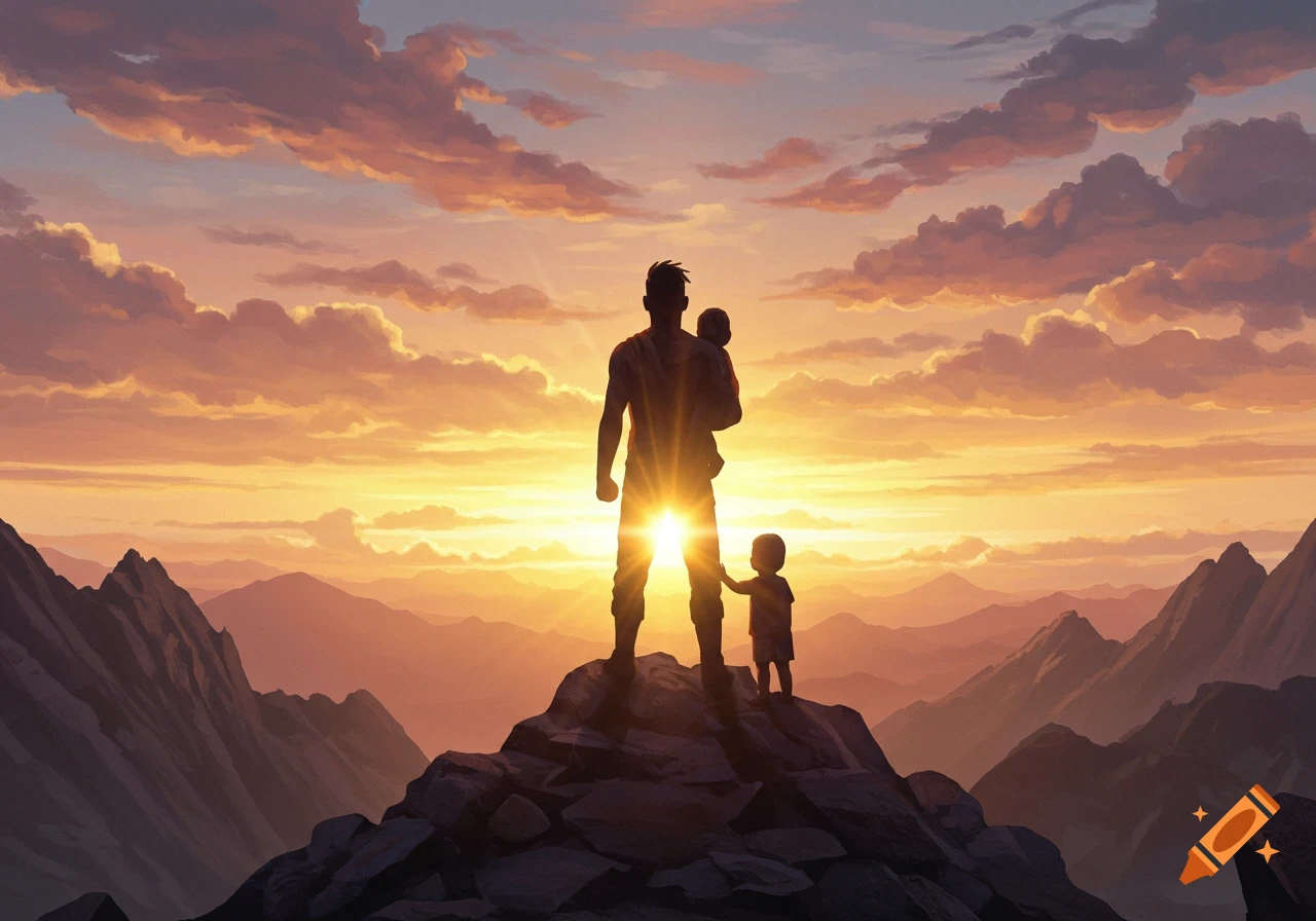 Silhouette of a father holding a baby with another child beside him on a mountain peak at sunset, with vibrant orange and yellow clouds.
