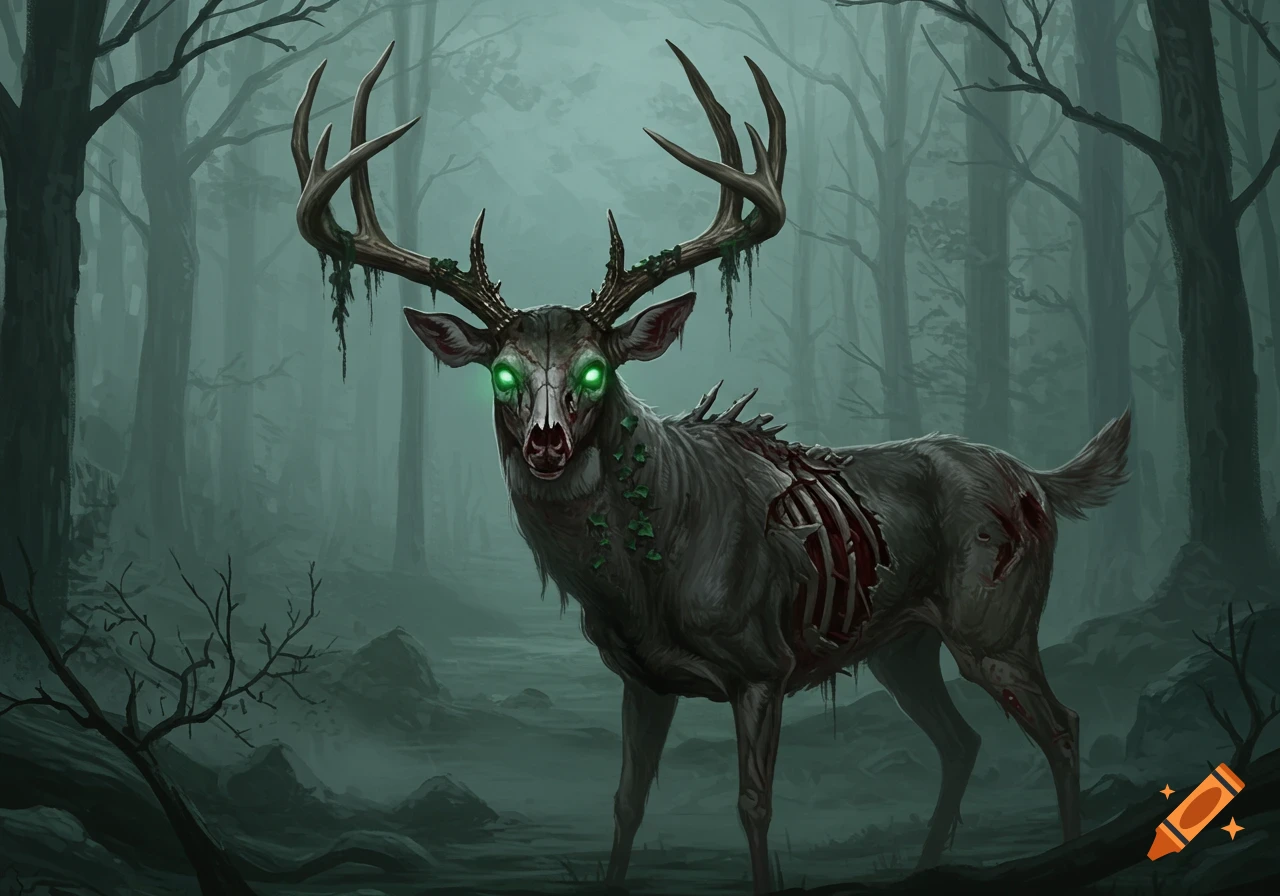 A zombie whitetail buck with glowing green eyes and exposed ribs stands in a misty, dark forest, depicted in a digital painting style.