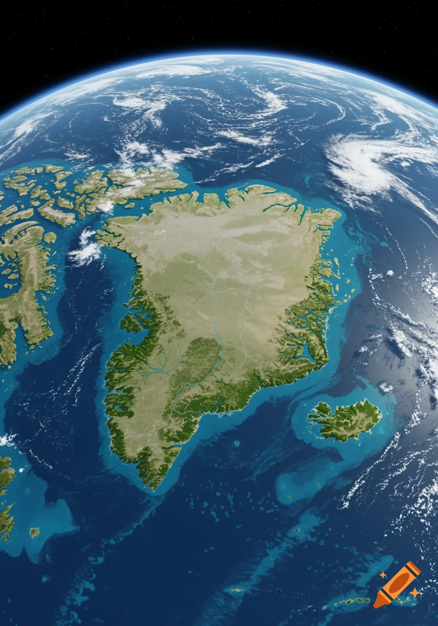 A photorealistic satellite view of Earth from space, showing Greenland and surrounding ocean with clouds.
