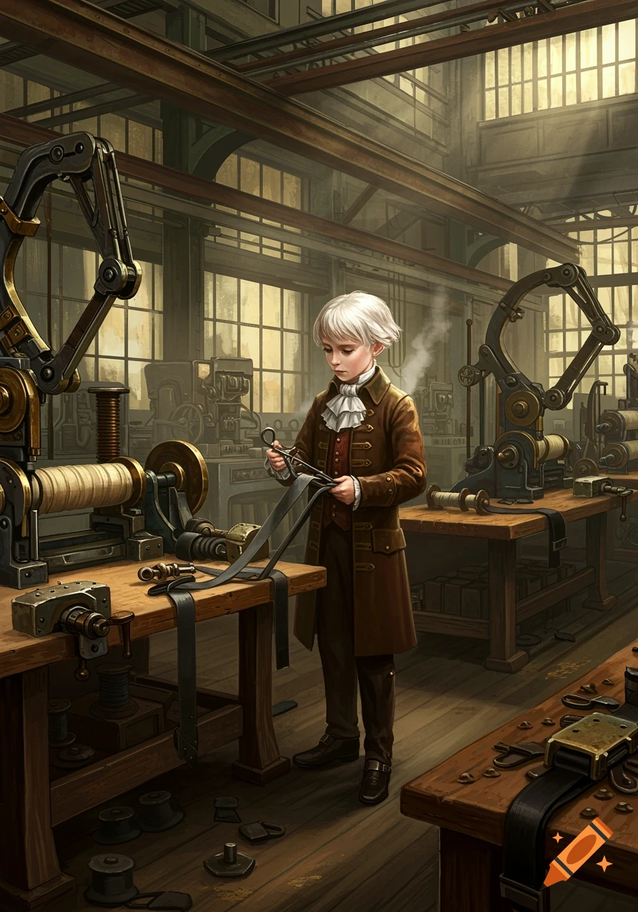 A young boy with white hair in an aristocratic outfit works with machinery and straps in a detailed steampunk factory.