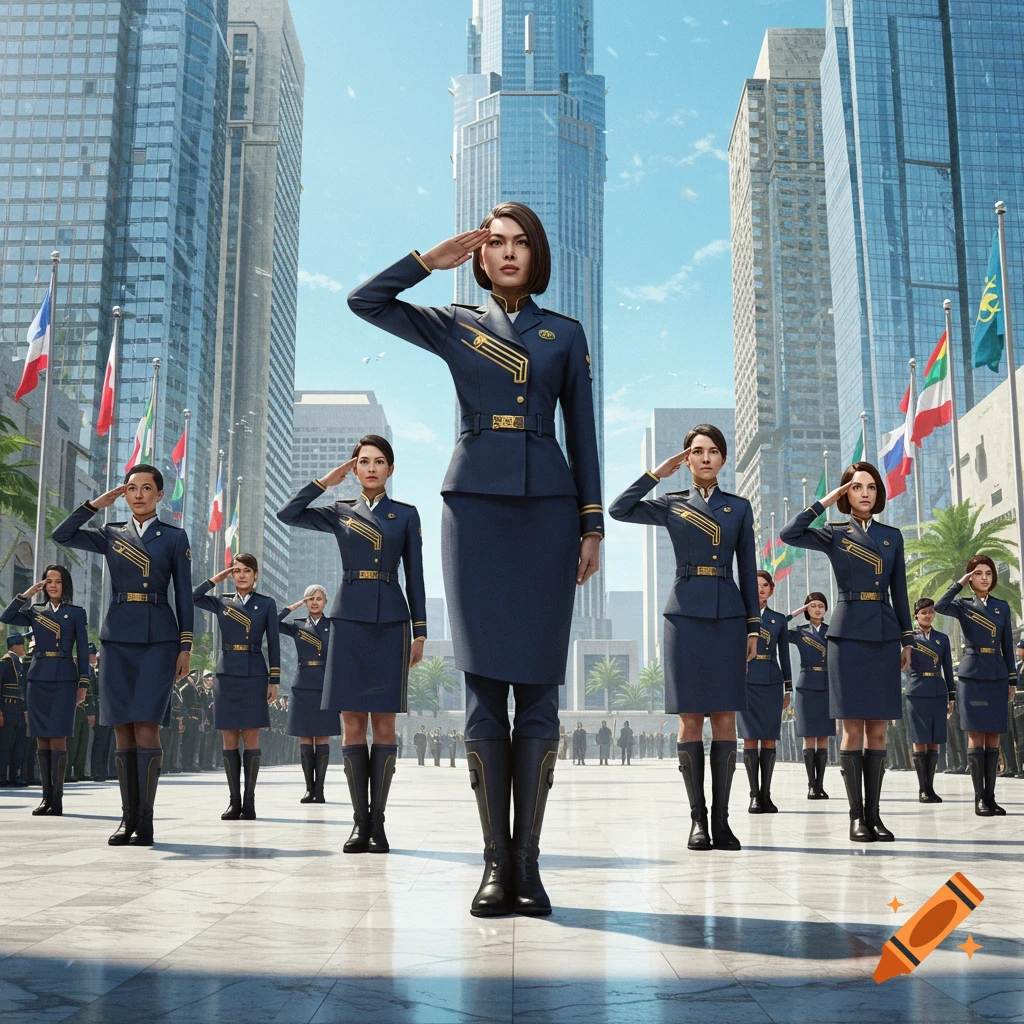 Photorealistic image of multiple women in blue military-style uniforms saluting on a city street with tall buildings and flags.