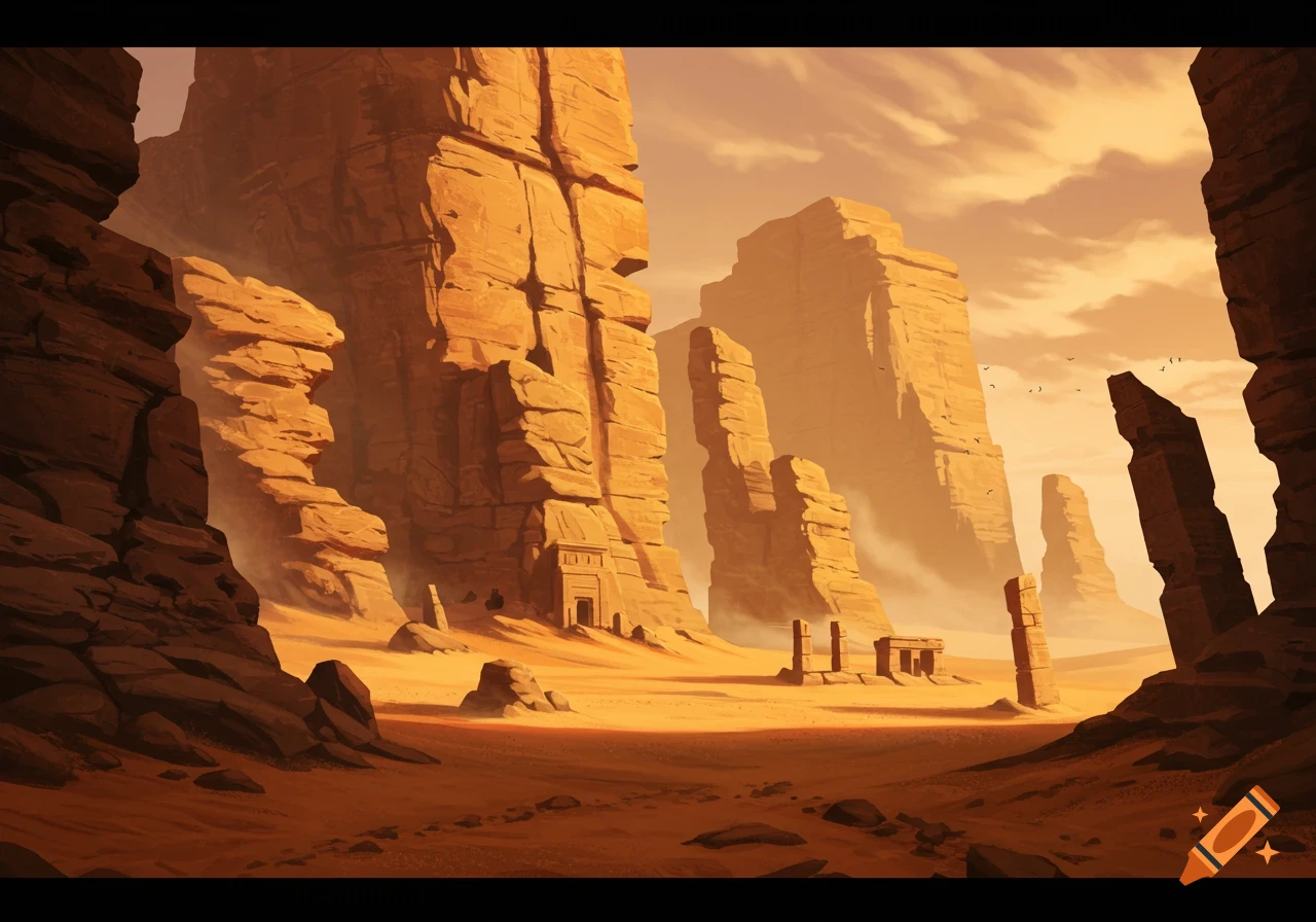 A digital painting of a vast desert landscape with towering jagged orange cliffs, ancient ruins, and a warm, hazy sky.