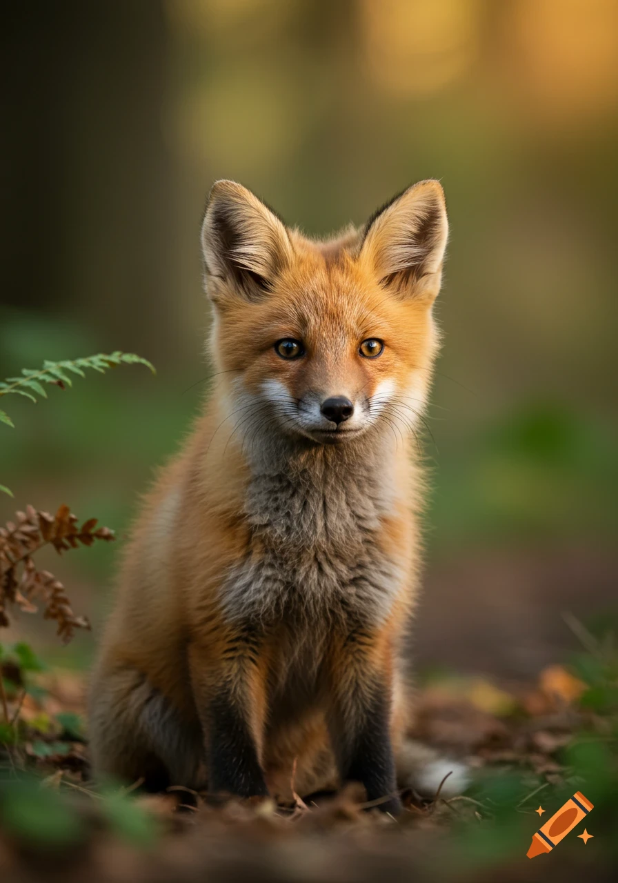 A close-up, eye-level shot of a red fox sitting in a forest, looking directly at the camera. The background is blurred with warm green and brown tones.