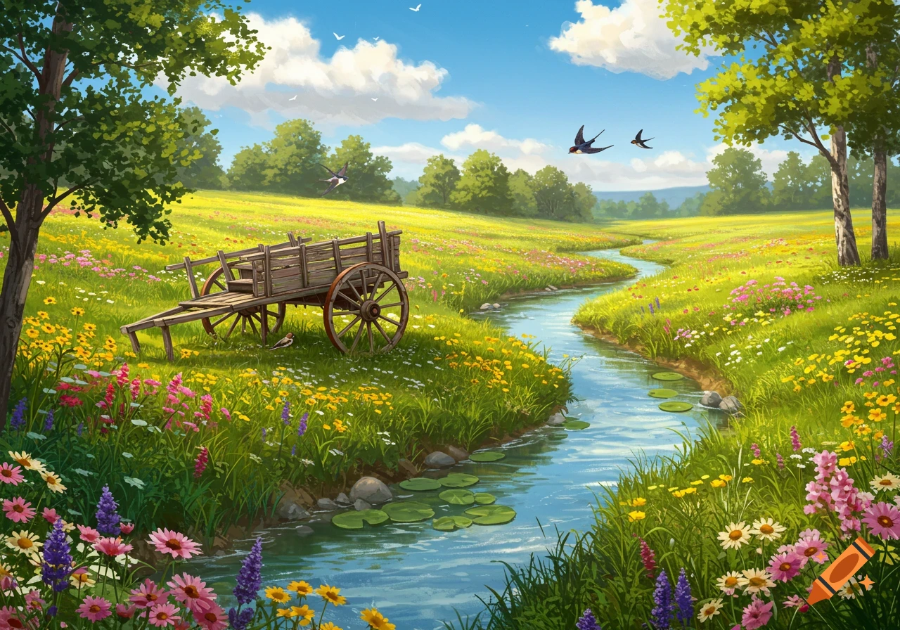A vibrant summer meadow with an old wooden cart, a winding creek, colorful wildflowers, and birds flying under a blue sky.