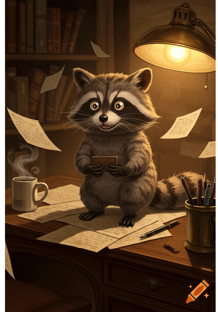 A mischievous, wide-eyed raccoon-like animal stands on a desk strewn with papers, holding a small object, under the glow of a desk lamp.