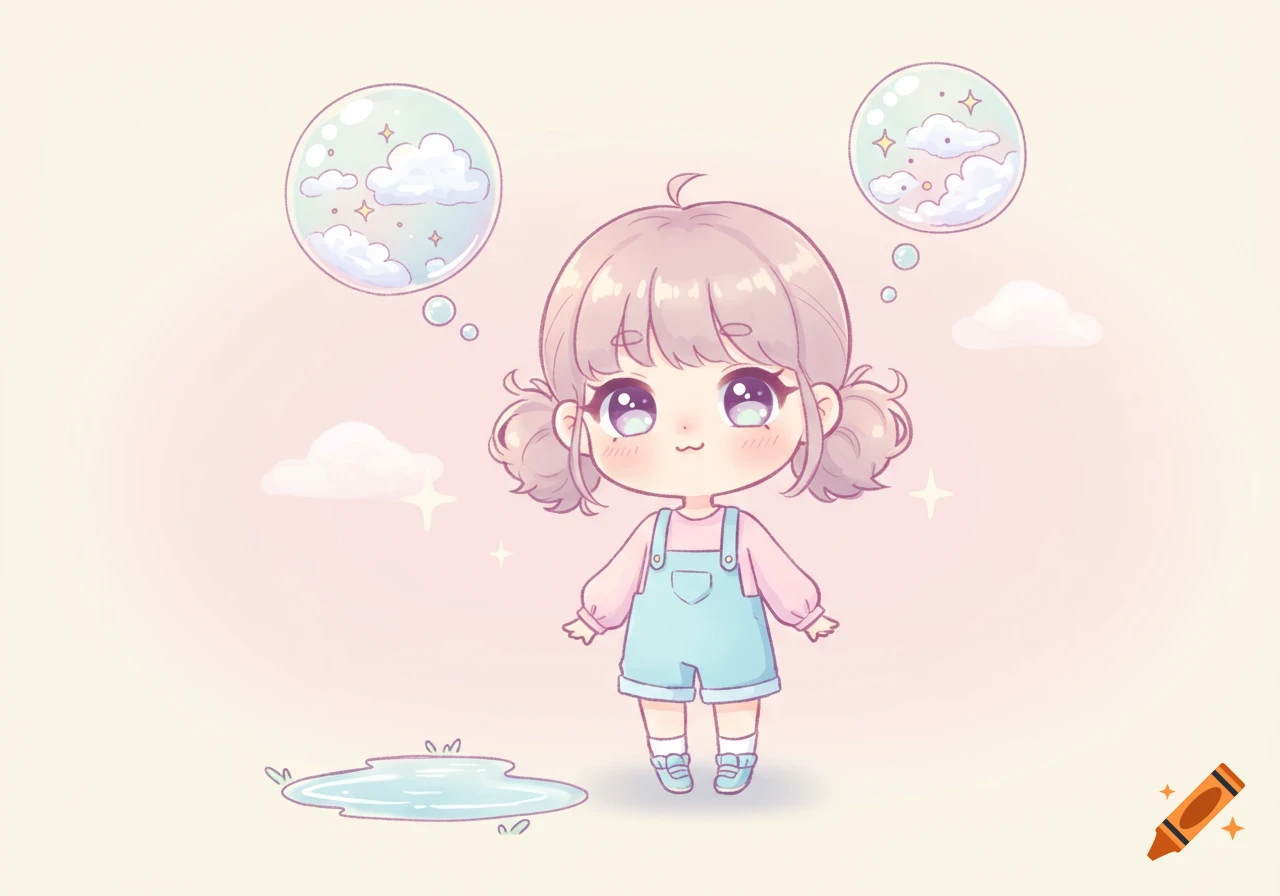 A cute chibi girl with two buns, wearing a pink shirt and blue overalls, stands by a puddle with dream bubbles, in a pastel manga style.