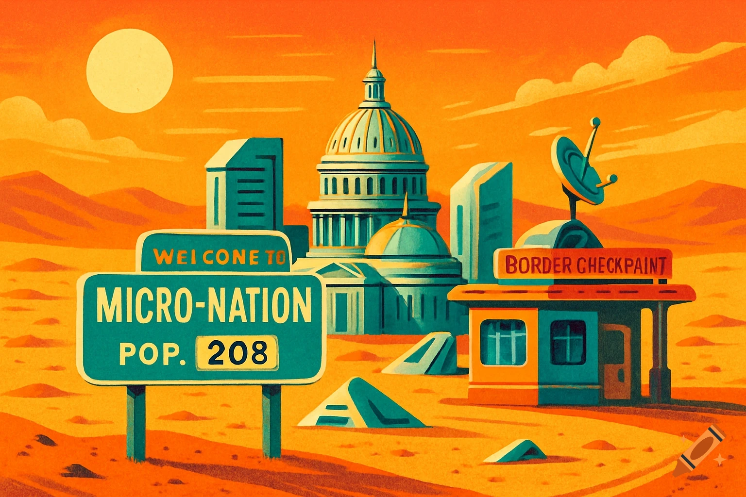 A retro sci-fi illustration of a micro-nation in a desert, with a capitol building, city signs, and a border checkpoint under an orange sky.