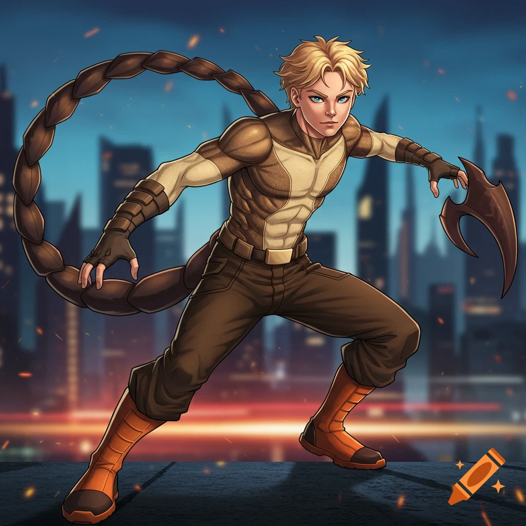 Blond-haired male superhero in a brown suit with a scorpion tail and claw weapon, posed on a rooftop at dusk in anime style.