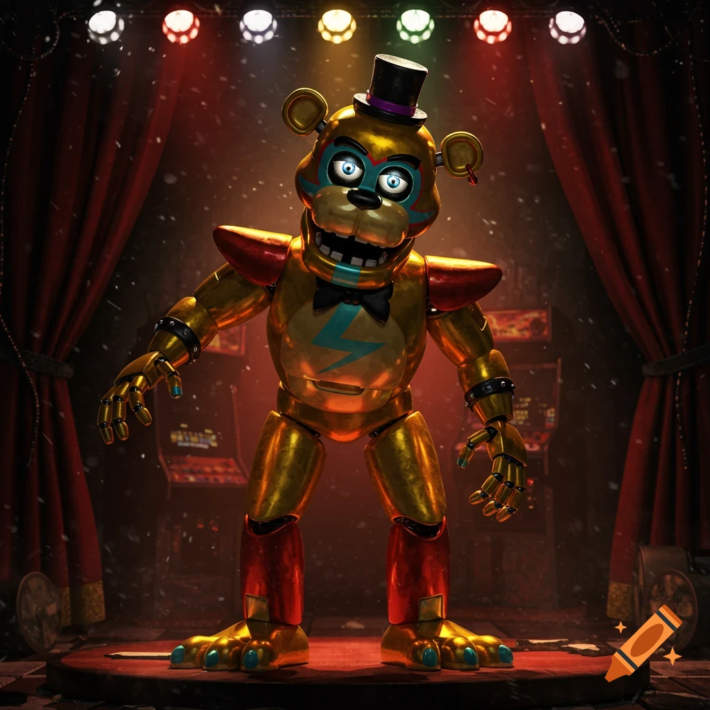 A golden animatronic bear with a top hat and bowtie stands on a stage with red curtains and spotlights.