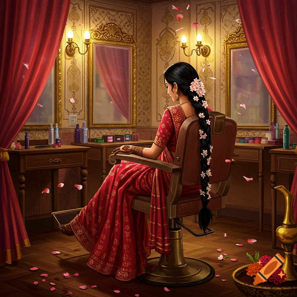 Detailed illustration of an Indian woman in a red sari with long braided hair adorned with white flowers, sitting in a beauty parlor.