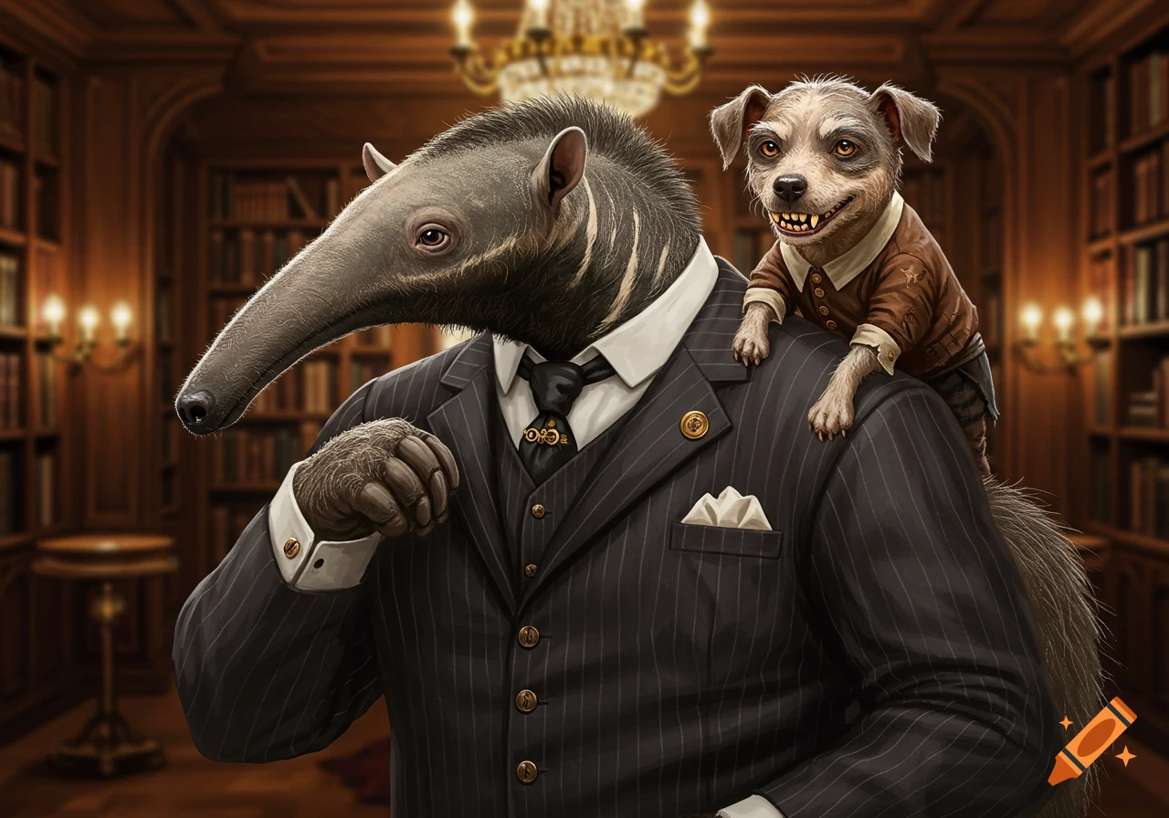 A large anteater in a pinstripe suit with a small, scruffy dog with yellow teeth and a mischievous grin on its shoulder, standing in a dim library.