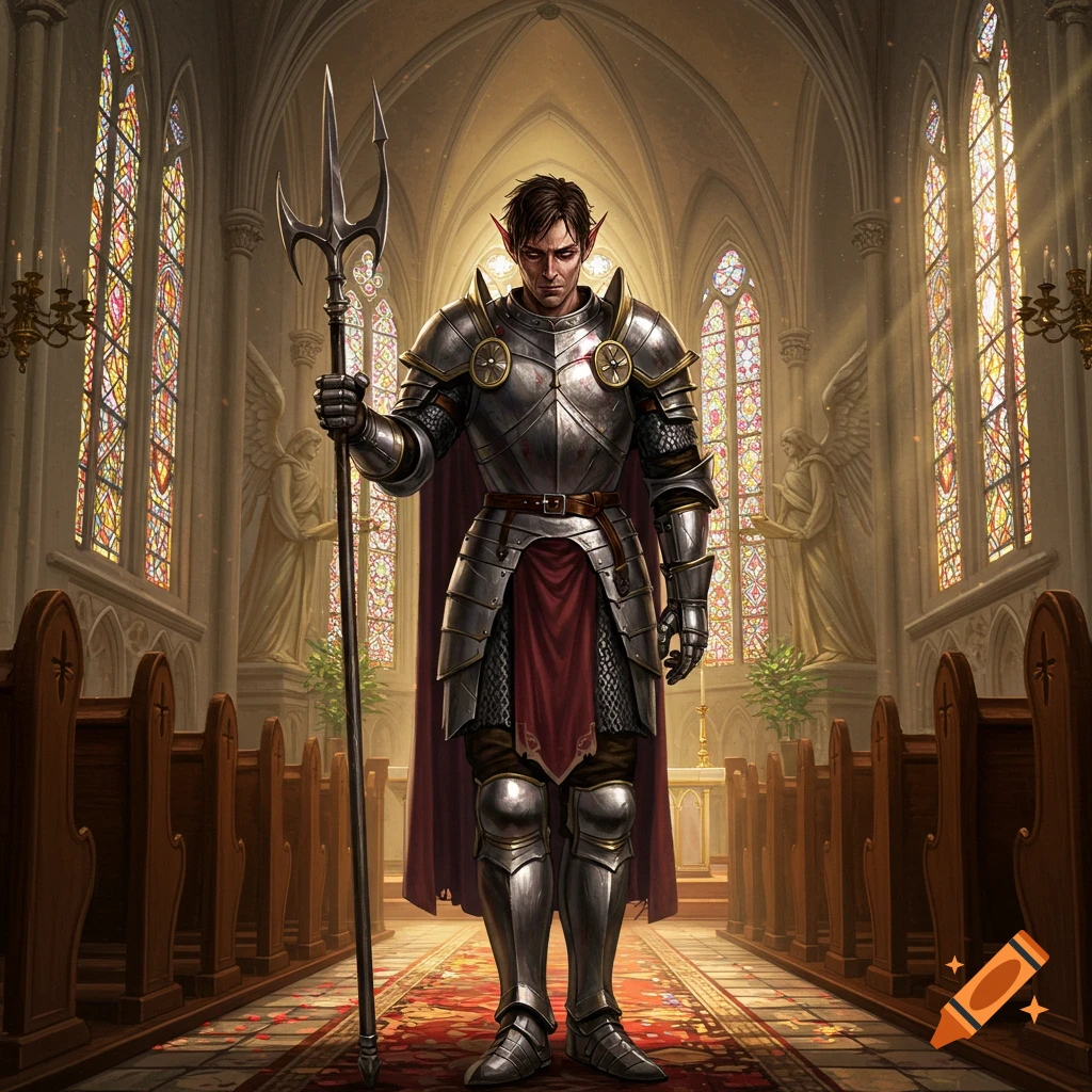 A weary half-elf paladin in shining armor holds a trident, standing in the aisle of a grand church with stained glass windows.
