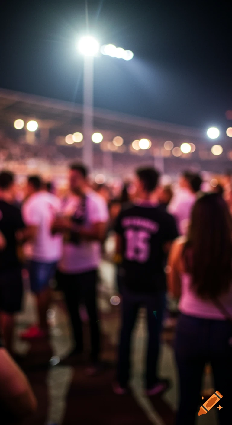 Blurred vertical photo of a nighttime crowd under bright stadium lights, with bokeh effects.