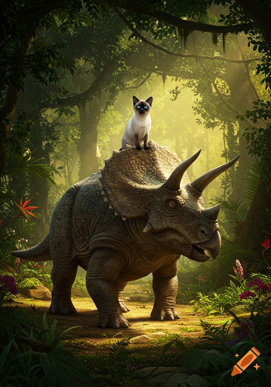 A Siamese cat with blue eyes sits atop a large Triceratops dinosaur in a lush, sun-dappled jungle. Photorealistic style.