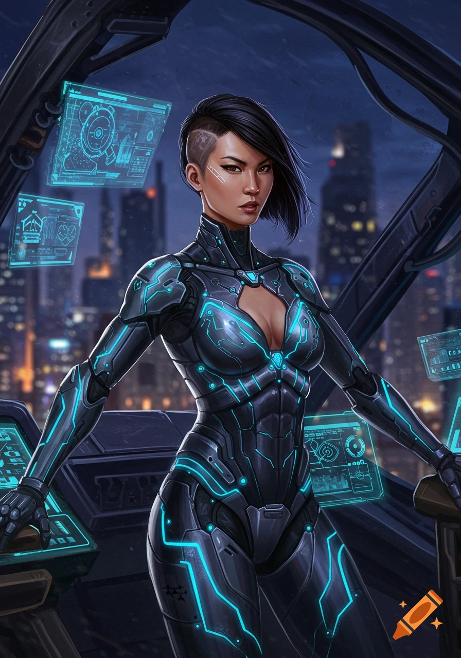 A female mechwarrior pilot in a glowing cybernetic suit stands in a futuristic cockpit with holographic screens overlooking a city.