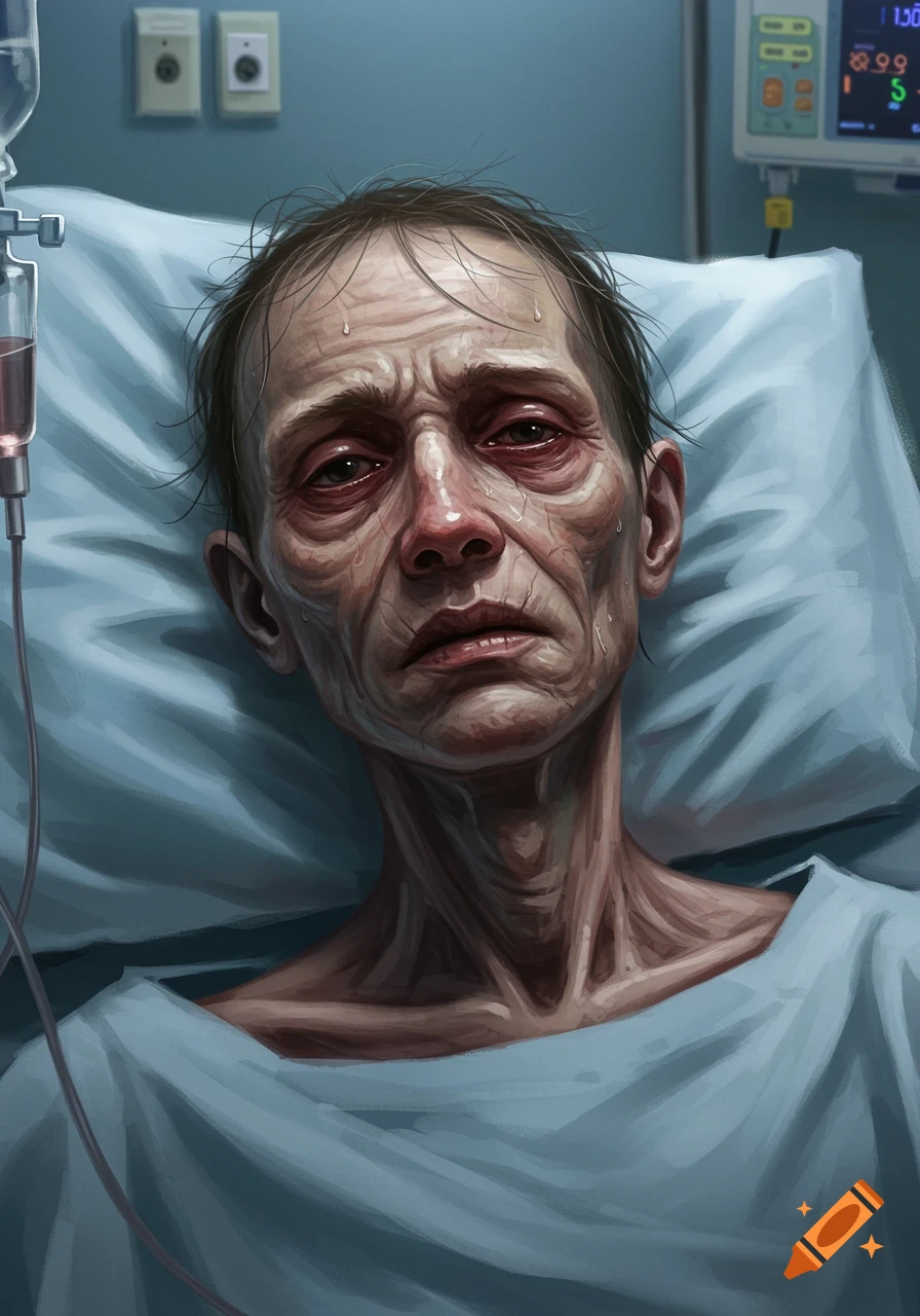 A close-up, highly detailed painterly portrait of a very sick, gaunt person lying in a hospital bed with an IV drip.