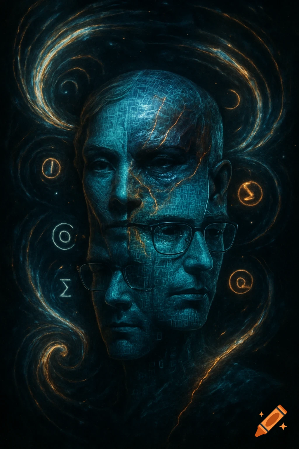 A stylized portrait of layered human faces with circuit patterns and glowing cracks, surrounded by abstract golden swirls and luminous symbols against a dark background.