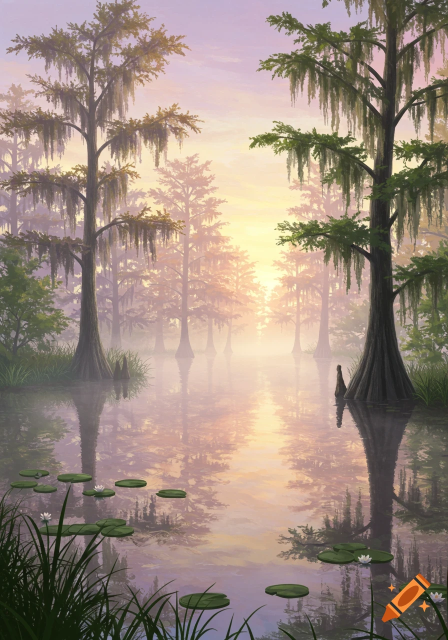 A serene and misty swamp at sunset, with tall cypress trees draped in Spanish moss reflected in the still water. Lily pads float on the surface.