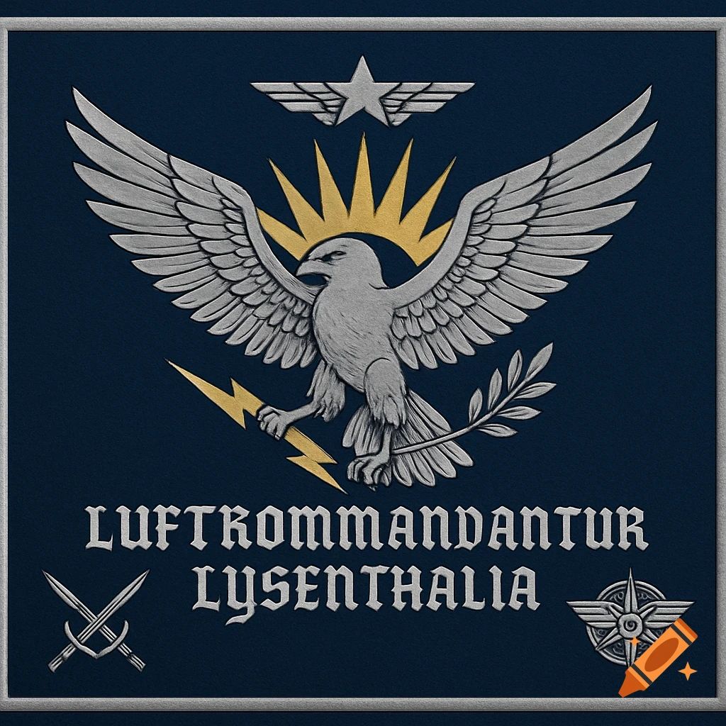 A silver falcon emblem with outstretched wings holds a lightning bolt and laurel branch against a gold sunburst on a deep blue background. Text below reads "LUFTKOMMANDANTUR LYSENTHALIA".