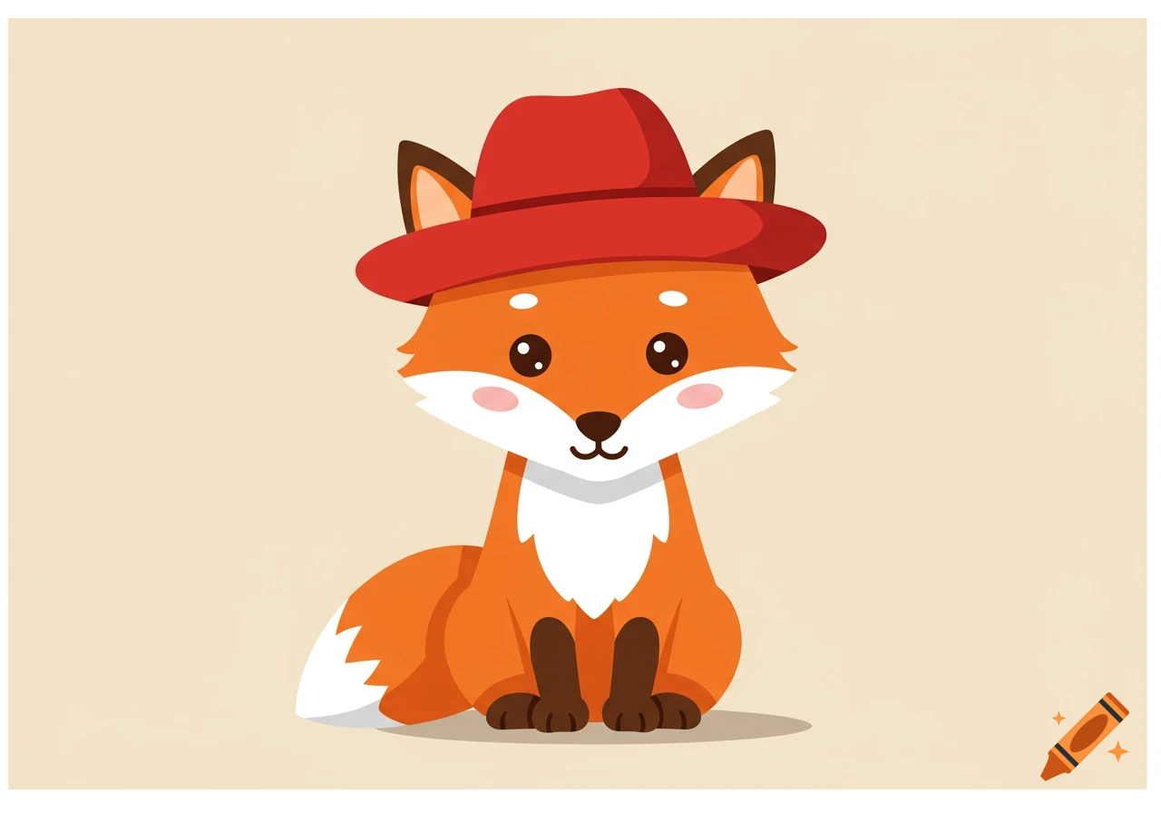 A cute cartoon fox wearing a red hat, sitting and looking forward against a plain background.