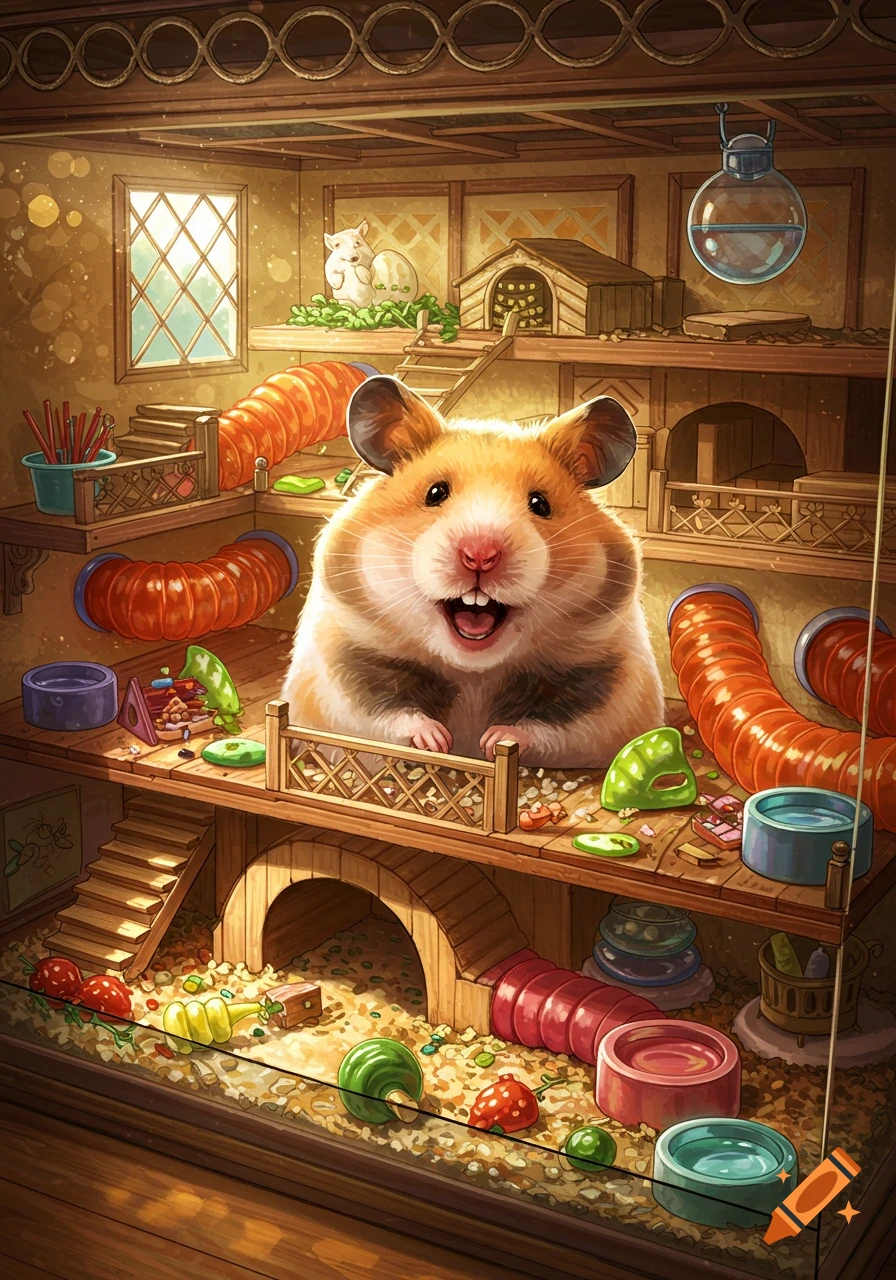 A happy, fluffy hamster with an open mouth smiling, peering out from a multi-level, detailed wooden cage filled with tubes, toys, and bedding.