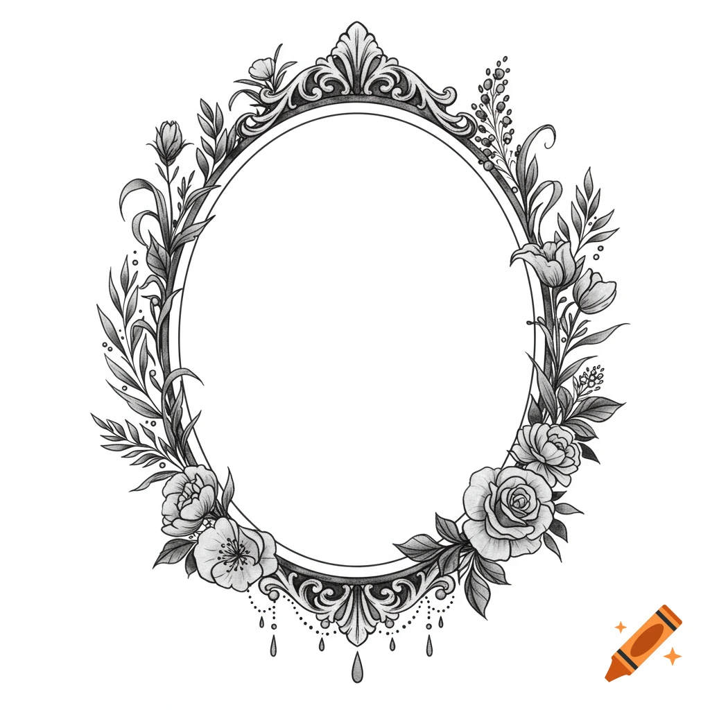 Black and gray oval frame with gothic and romantic floral border featuring roses, tulips, and flowing vines.